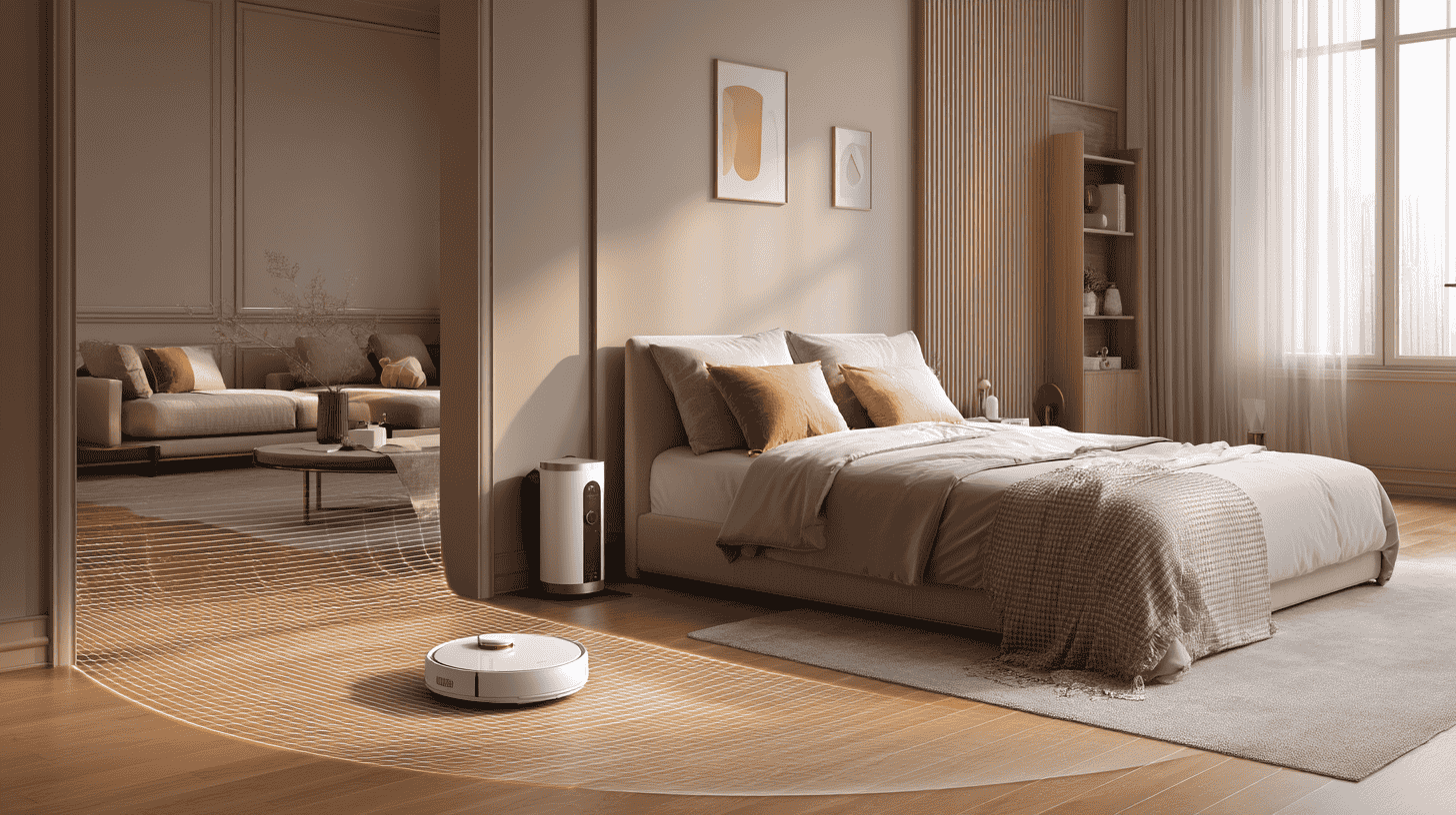 A robotic vacuum cleaner navigating a living room